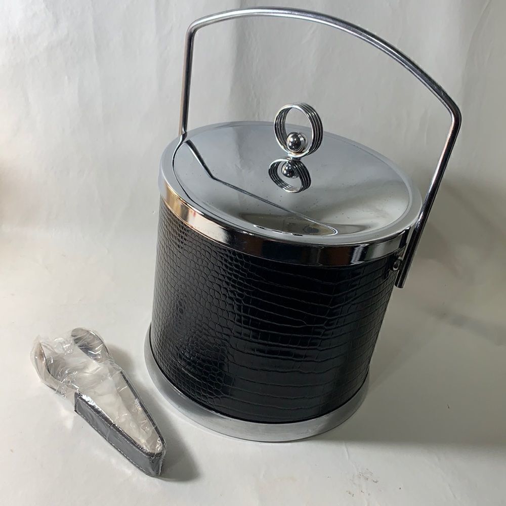 Wine Bucket Silver Brown Crocodile Embossed Tongs Home Bar Cocktail Entertaining